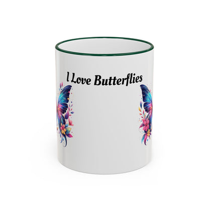I Love Butterflies Accent Rim Mug — Floral Butterfly Coffee Cup (11oz/15oz)
