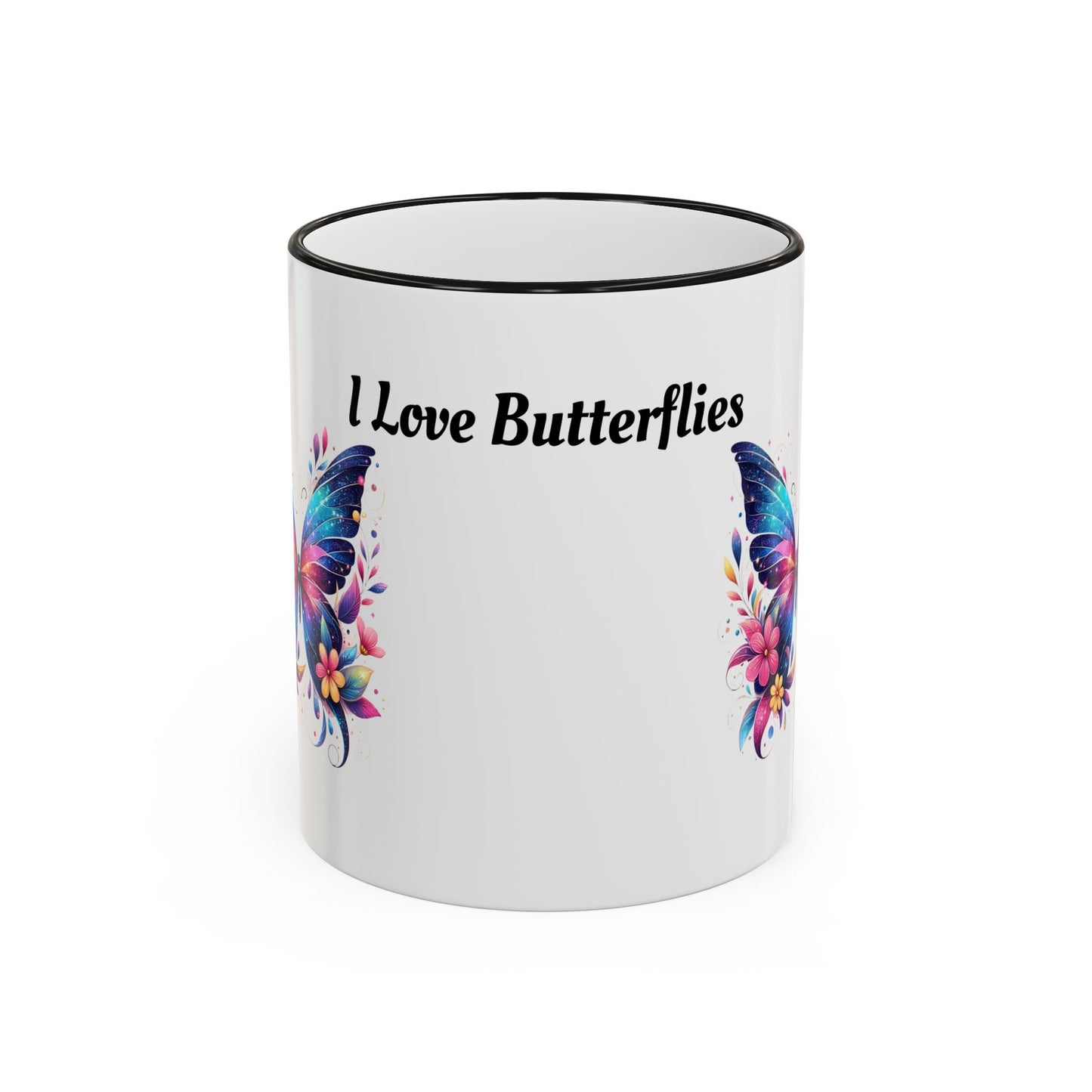 I Love Butterflies Accent Rim Mug — Floral Butterfly Coffee Cup (11oz/15oz)