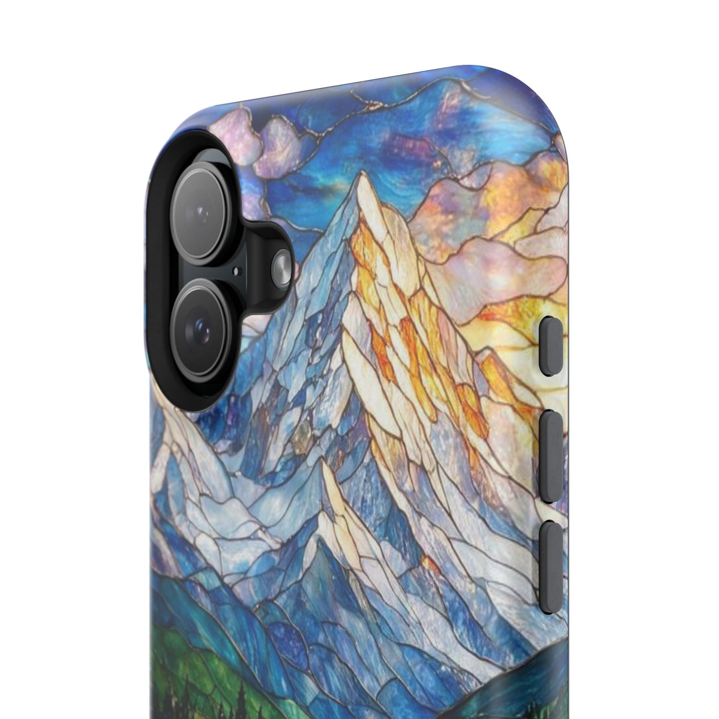 Stained Glass Mountain Lake Mosaic Phone Case — Impact-Resistant Artistic Protection