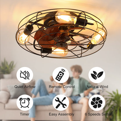 Caged Ceiling Fan With Light, 20'' Farmhouse Low Profile With Remote Control