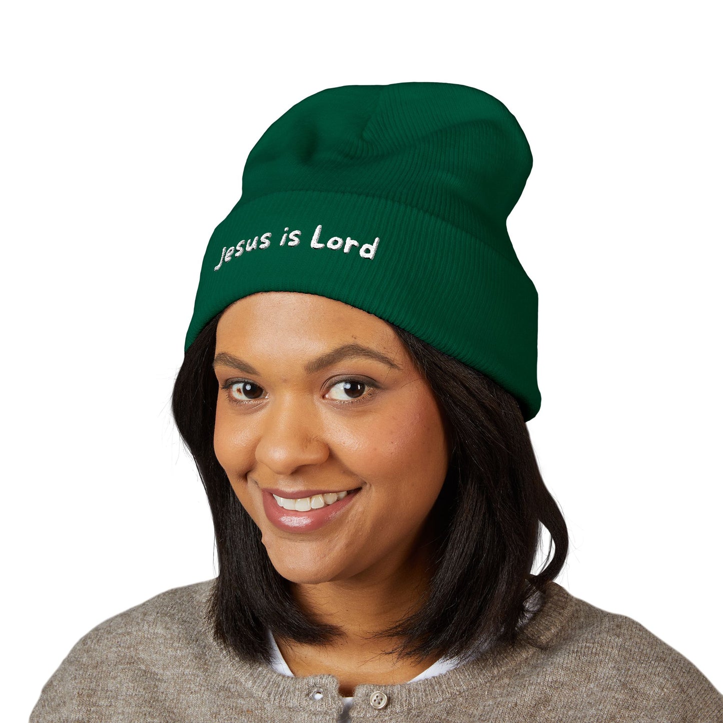 Embroidered 'Jesus is Lord' Cuffed Beanie — Christian Faith Knit Hat