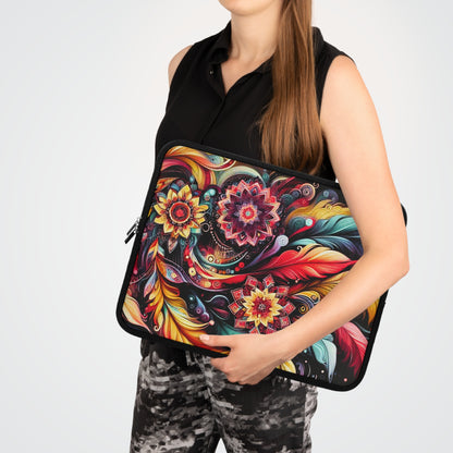 Colorful Floral Mandala Laptop Sleeve — Vibrant Boho Feather Design