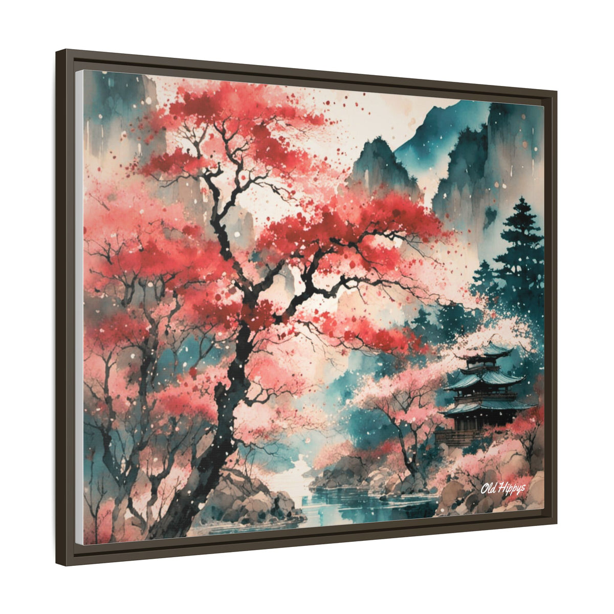 Fall in Japan Watercolor Wood Framed Canvas Wrap