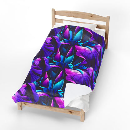 Neon Purple Iris Floral Velveteen Plush Blanket