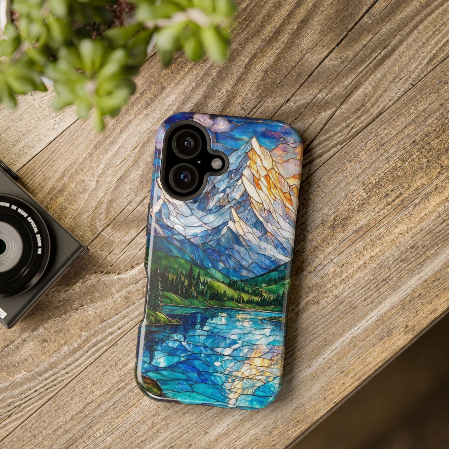 Stained Glass Mountain Lake Mosaic Phone Case — Impact-Resistant Artistic Protection
