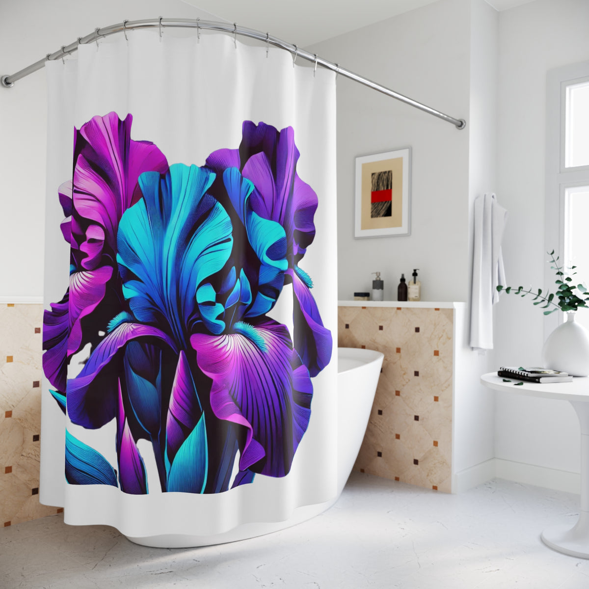 Iris Bloom Shower Curtain — Vibrant Purple & Teal Floral Bathroom Decor