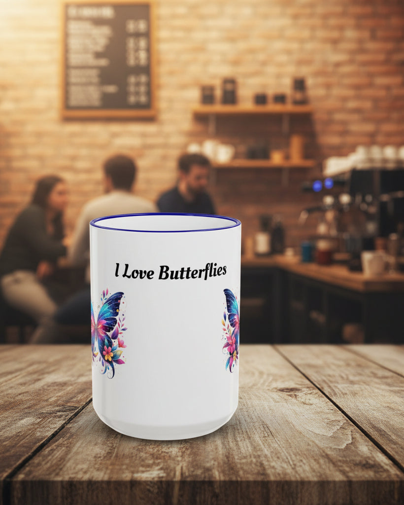 I Love Butterflies Accent Rim Mug — Floral Butterfly Coffee Cup (11oz/15oz)
