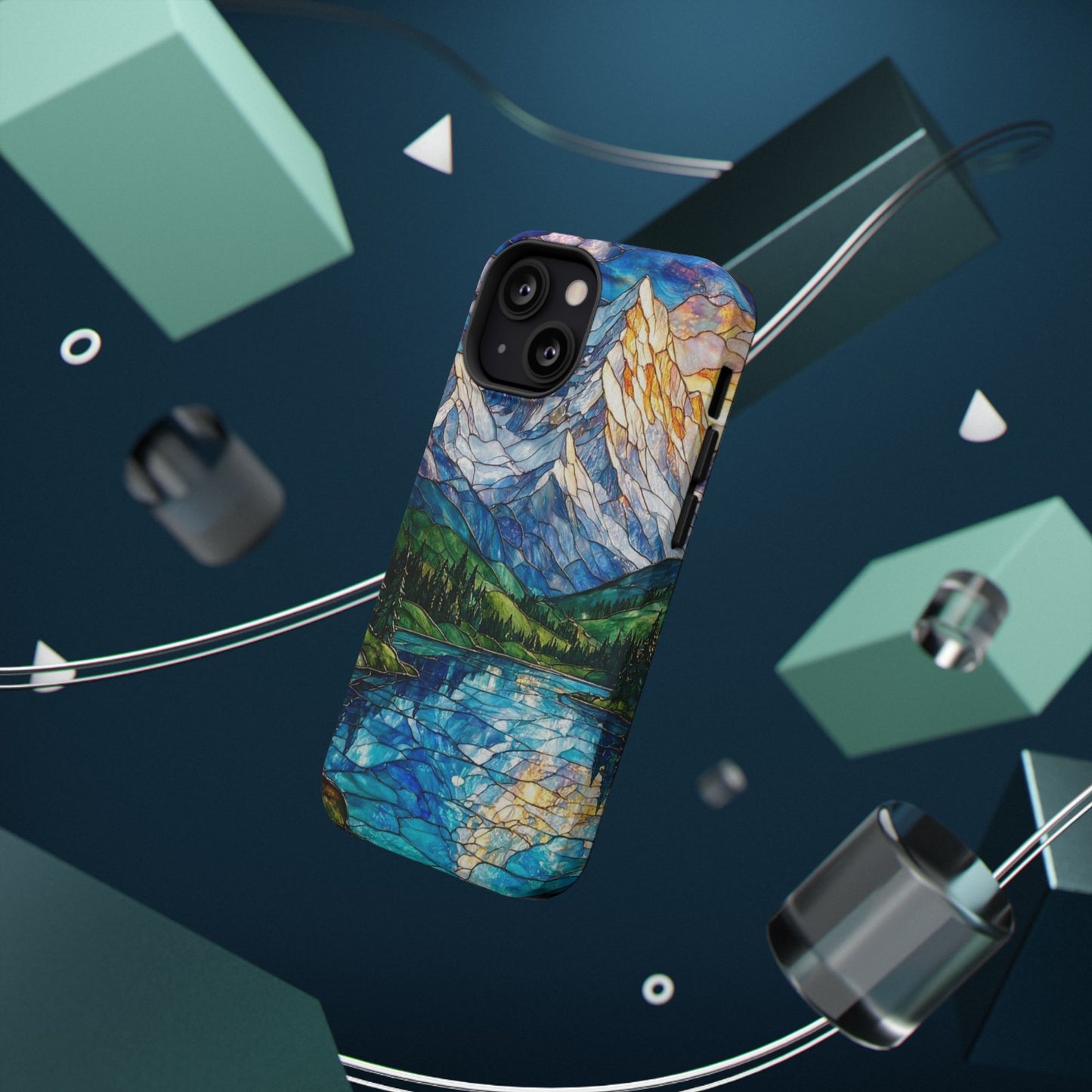 Stained Glass Mountain Lake Mosaic Phone Case — Impact-Resistant Artistic Protection