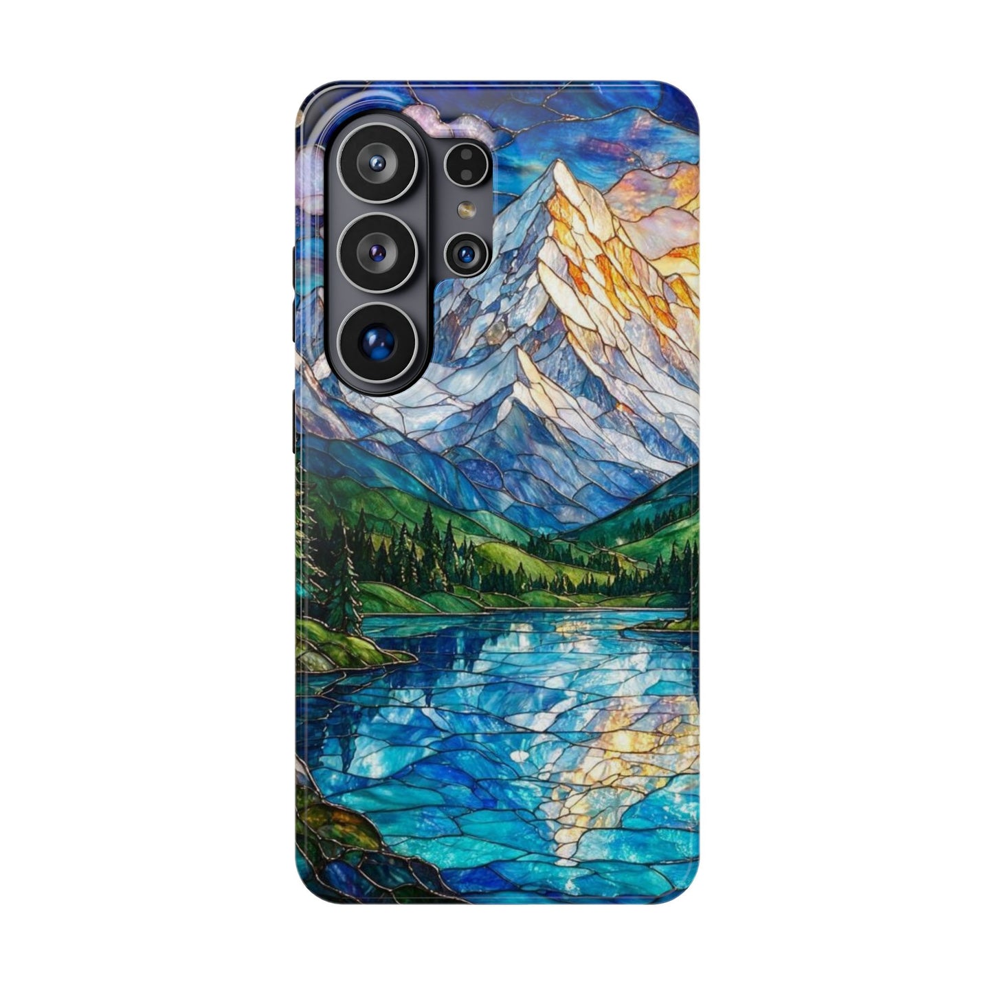 Stained Glass Mountain Lake Mosaic Phone Case — Impact-Resistant Artistic Protection