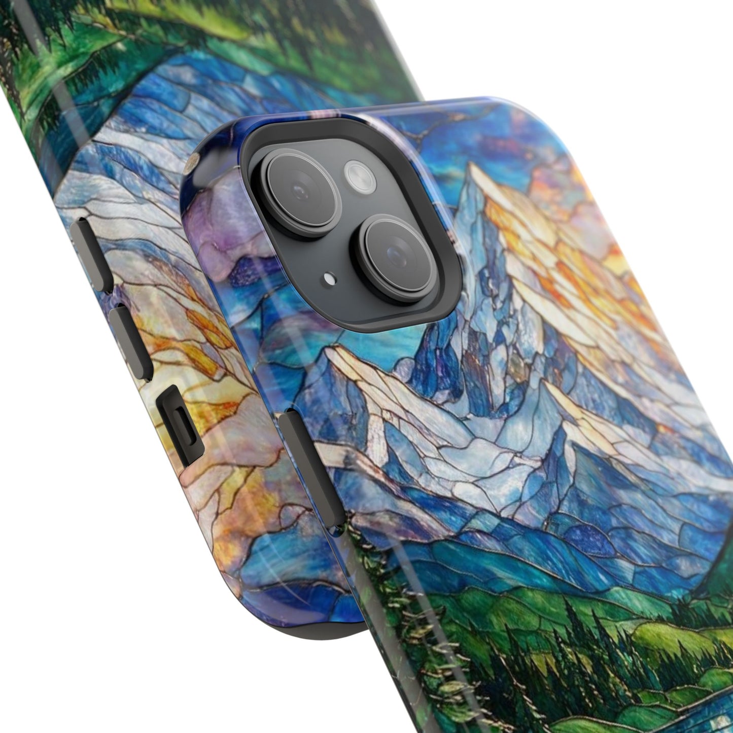 Stained Glass Mountain Lake Mosaic Phone Case — Impact-Resistant Artistic Protection
