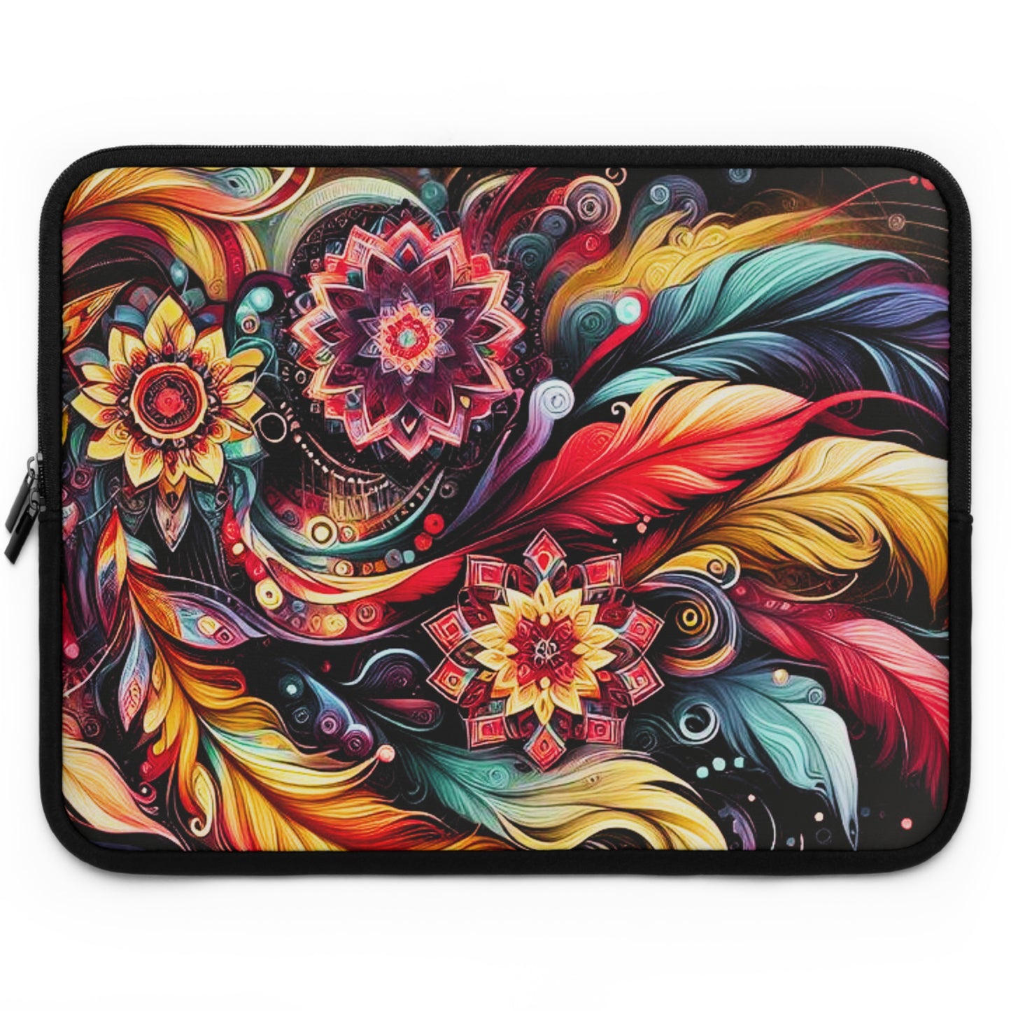 Colorful Floral Mandala Laptop Sleeve — Vibrant Boho Feather Design