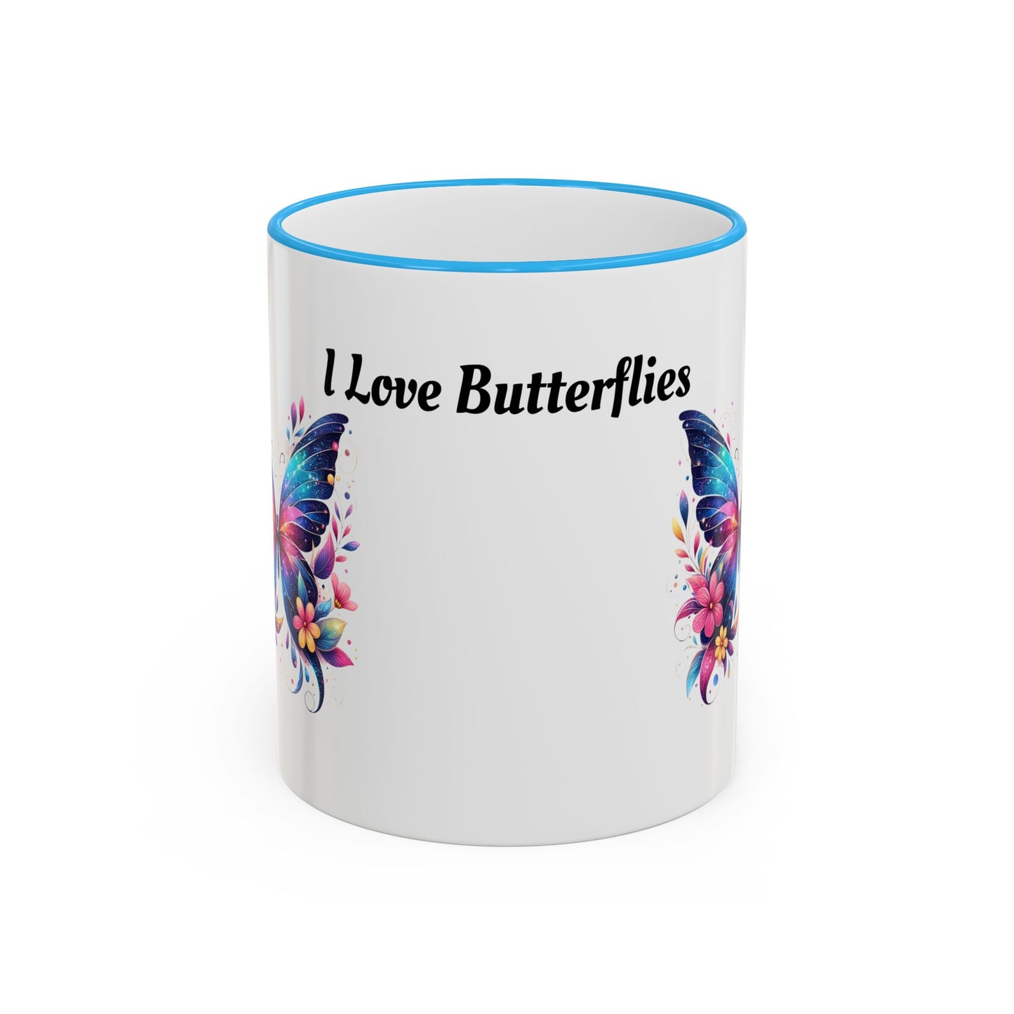 I Love Butterflies Accent Rim Mug — Floral Butterfly Coffee Cup (11oz/15oz)