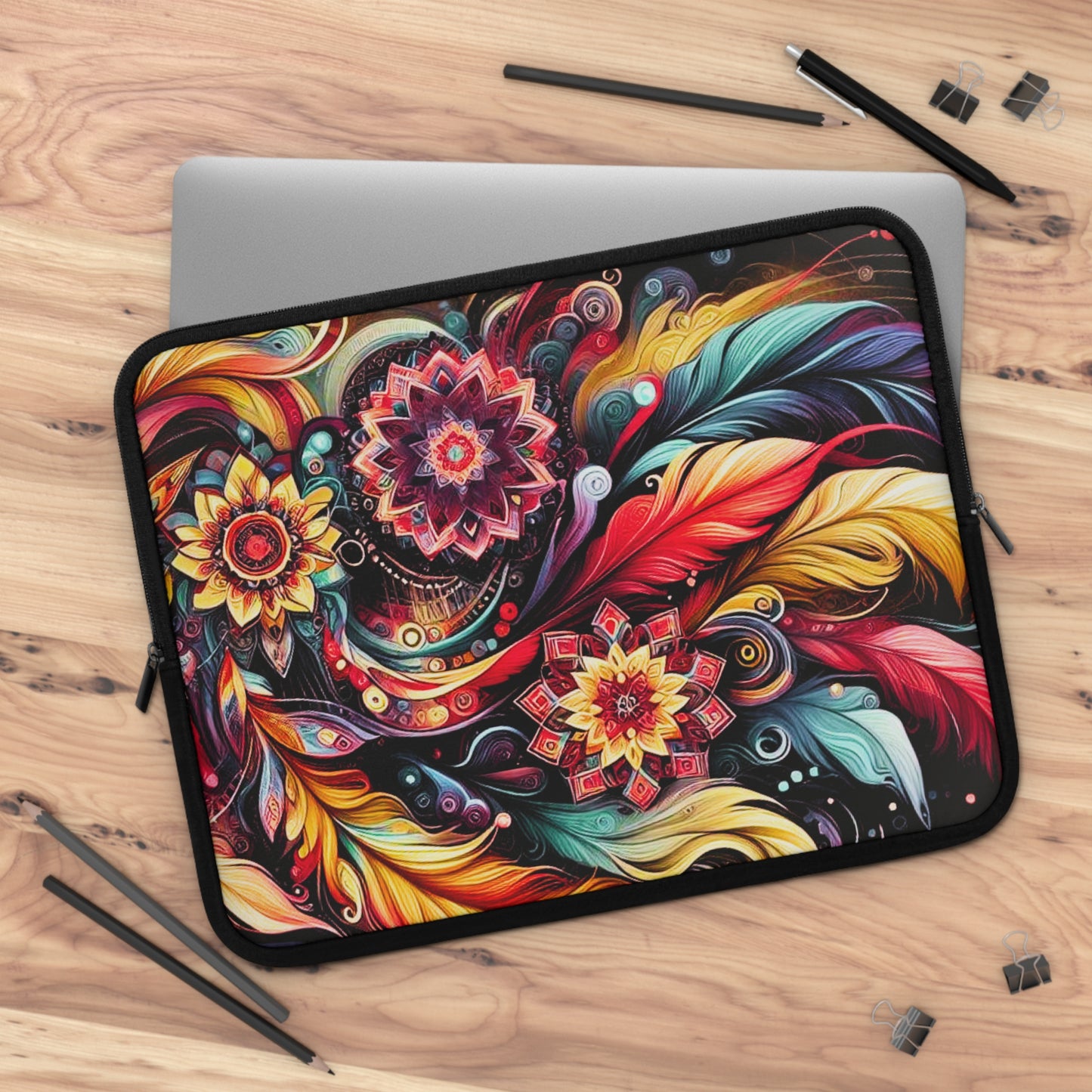 Colorful Floral Mandala Laptop Sleeve — Vibrant Boho Feather Design