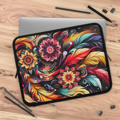 Colorful Floral Mandala Laptop Sleeve — Vibrant Boho Feather Design