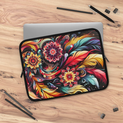 Colorful Floral Mandala Laptop Sleeve — Vibrant Boho Feather Design