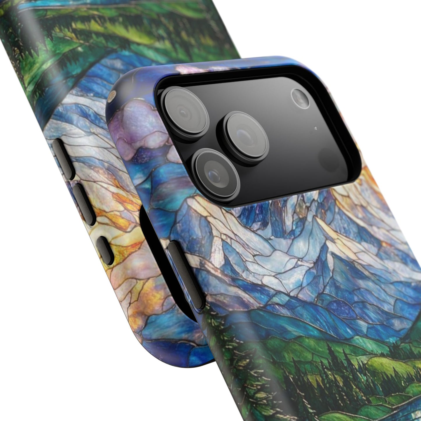Stained Glass Mountain Lake Mosaic Phone Case — Impact-Resistant Artistic Protection