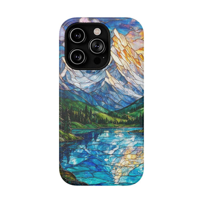 Stained Glass Mountain Lake Mosaic Phone Case — Impact-Resistant Artistic Protection