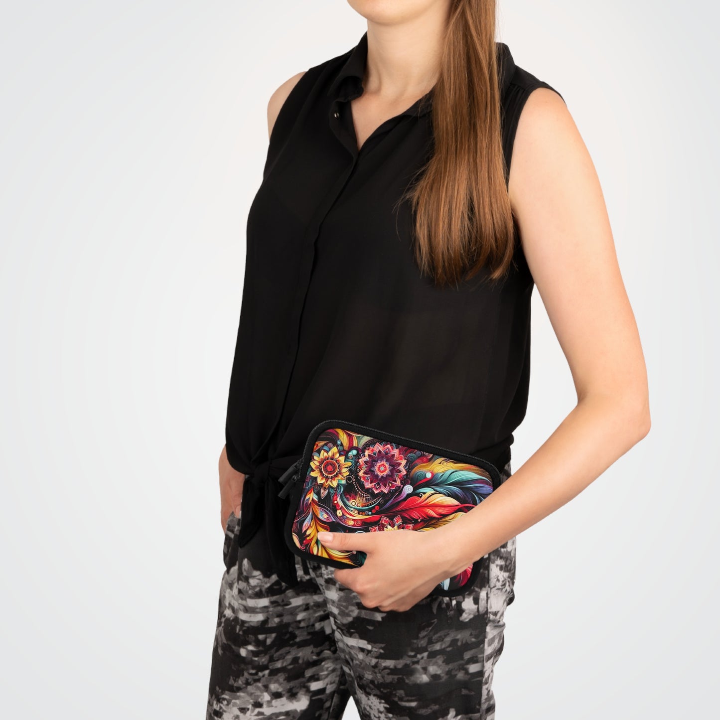 Colorful Floral Mandala Laptop Sleeve — Vibrant Boho Feather Design