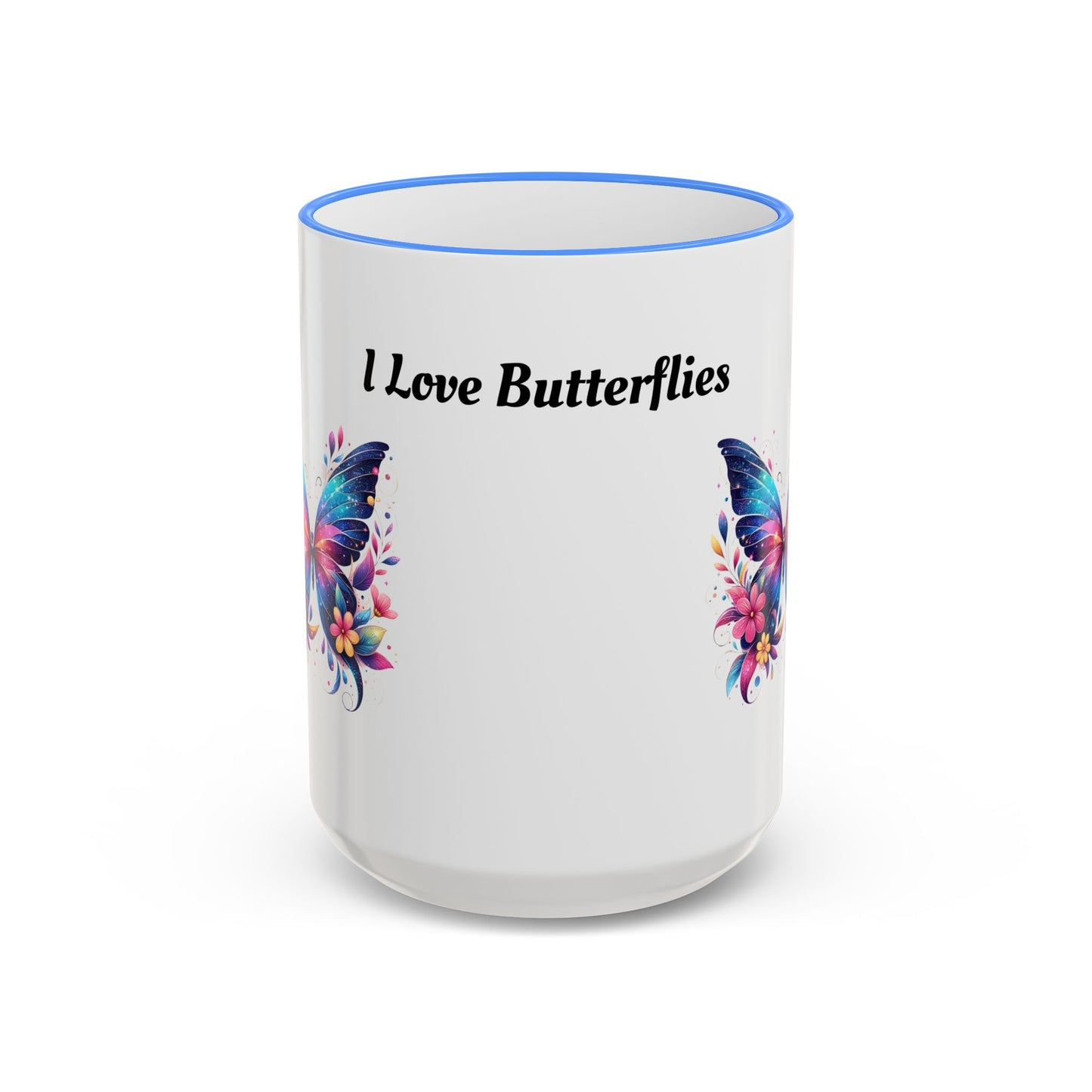 I Love Butterflies Accent Rim Mug — Floral Butterfly Coffee Cup (11oz/15oz)
