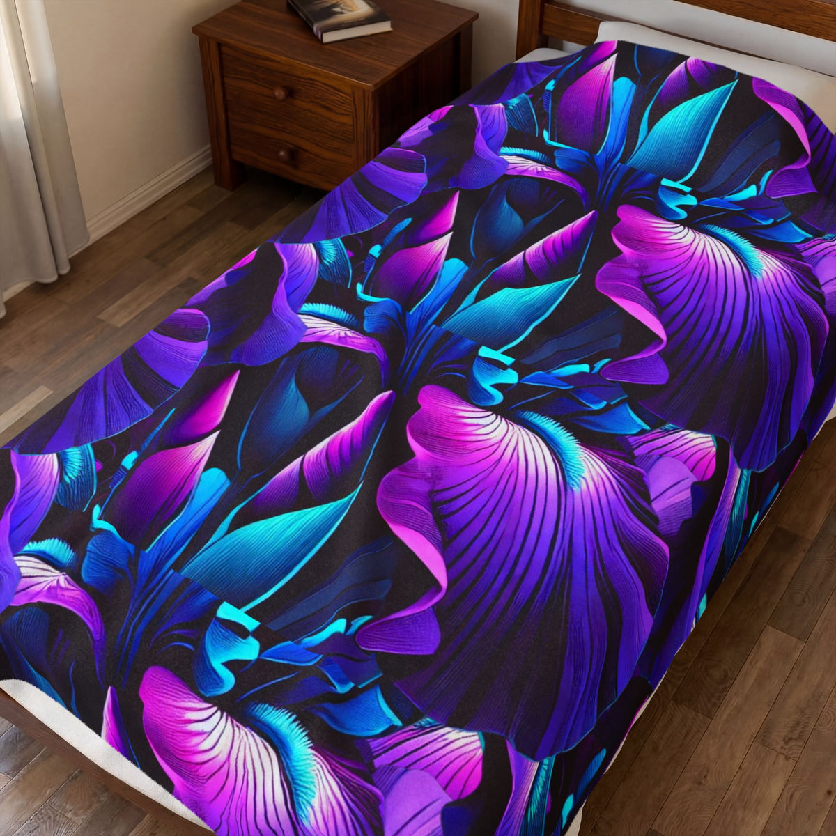 Neon Purple Iris Floral Velveteen Plush Blanket