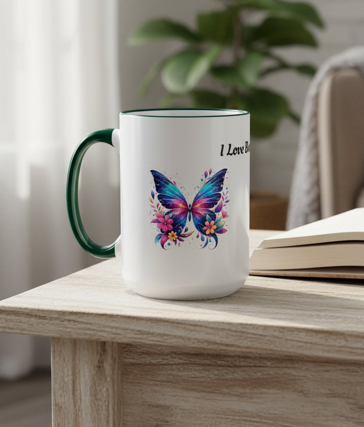 I Love Butterflies Accent Rim Mug — Floral Butterfly Coffee Cup (11oz/15oz)