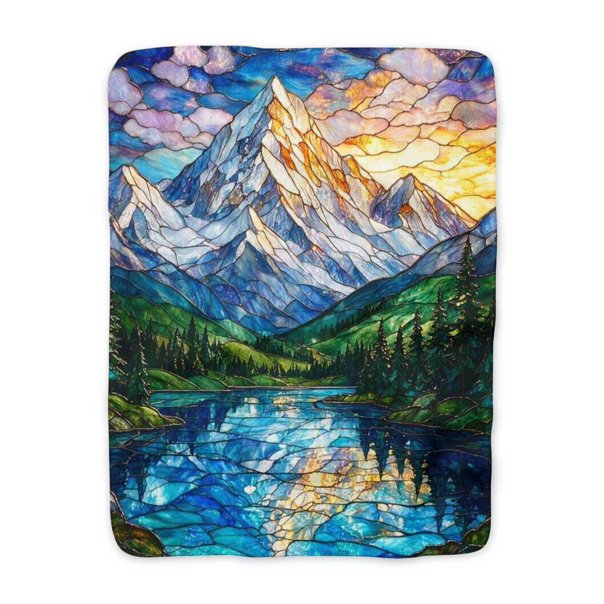 Mountain Lake Sherpa Blanket — Stained Glass Nature Fleece Throw