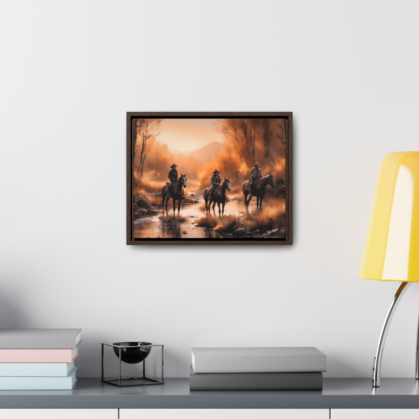 Cowboys Crossing A Stream Wood Framed Canvas Wrap