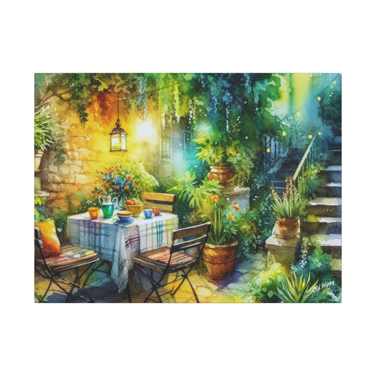 Serene Garden Bistro Canvas Print — Stretched Matte Wall Art