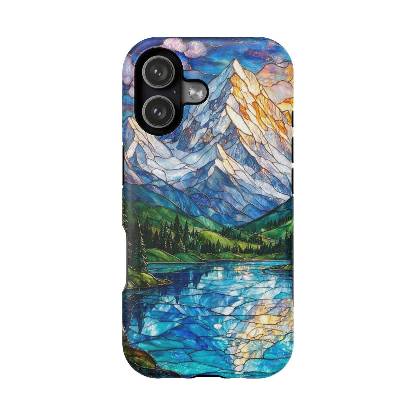 Stained Glass Mountain Lake Mosaic Phone Case — Impact-Resistant Artistic Protection