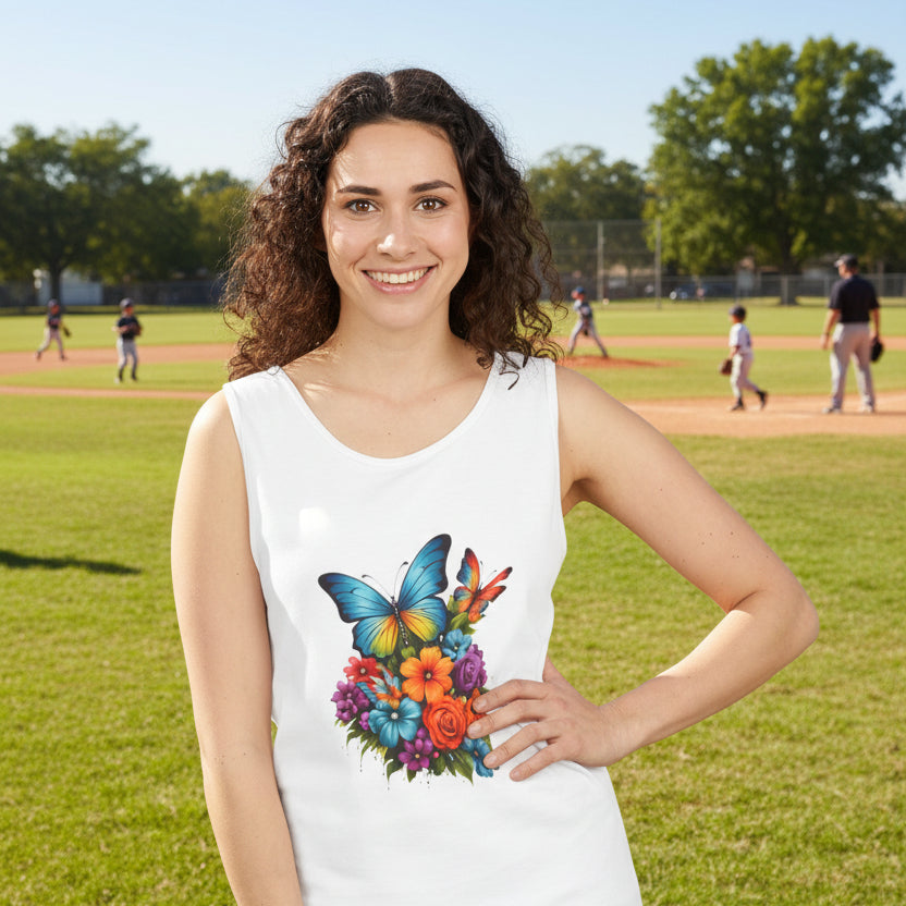 Butterfly Floral Tank Top — Colorful Garden Print Summer Tee