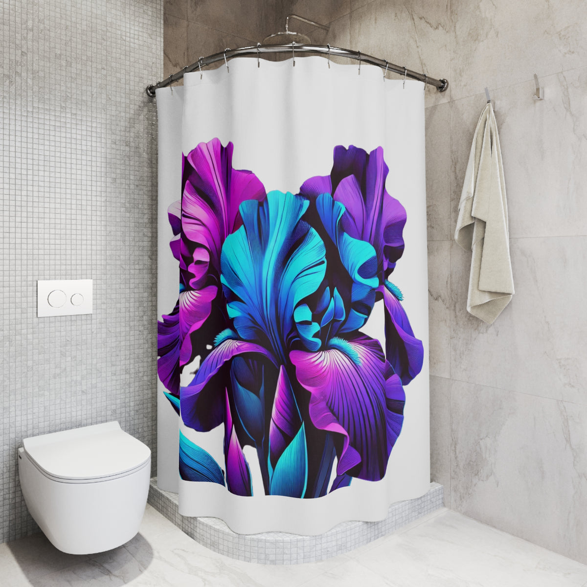 Iris Bloom Shower Curtain — Vibrant Purple & Teal Floral Bathroom Decor