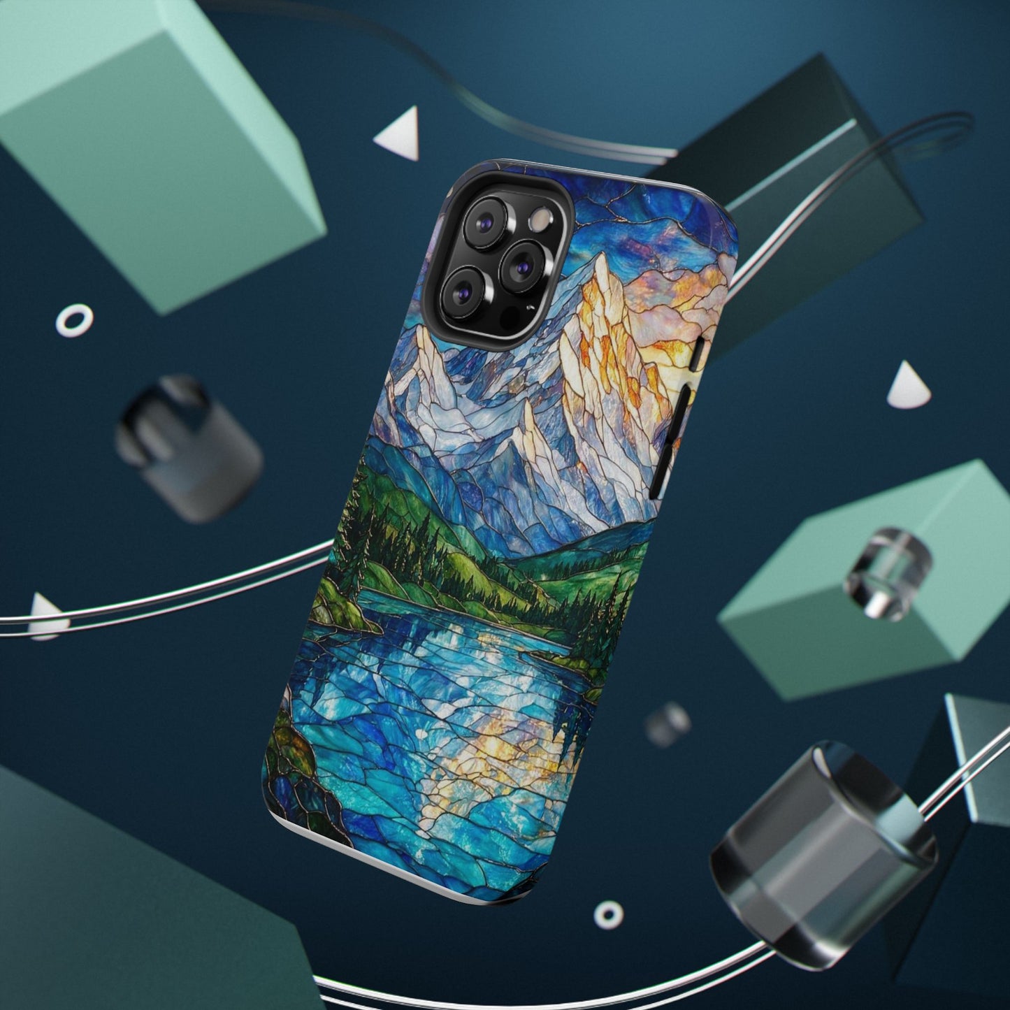 Stained Glass Mountain Lake Mosaic Phone Case — Impact-Resistant Artistic Protection