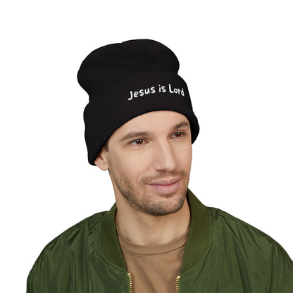 Embroidered 'Jesus is Lord' Cuffed Beanie — Christian Faith Knit Hat