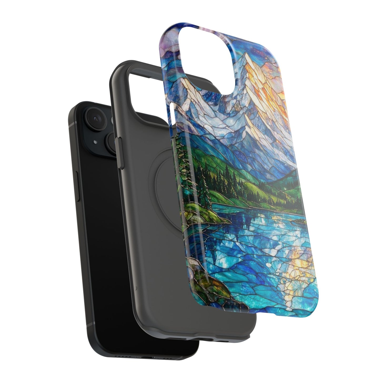 Stained Glass Mountain Lake Mosaic Phone Case — Impact-Resistant Artistic Protection