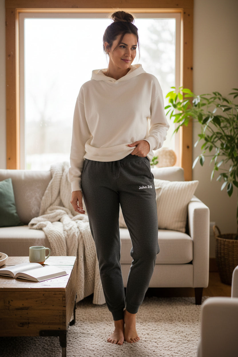 Embroidered Cozy Sweatpants — Casual Fleece Joggers with John 3:16 Script Logo