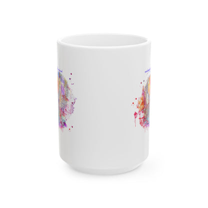 Watercolor Raindrops Keep Falling On My Head Ceramic Mug — Colorful Coffee Cup (11oz & 15oz)