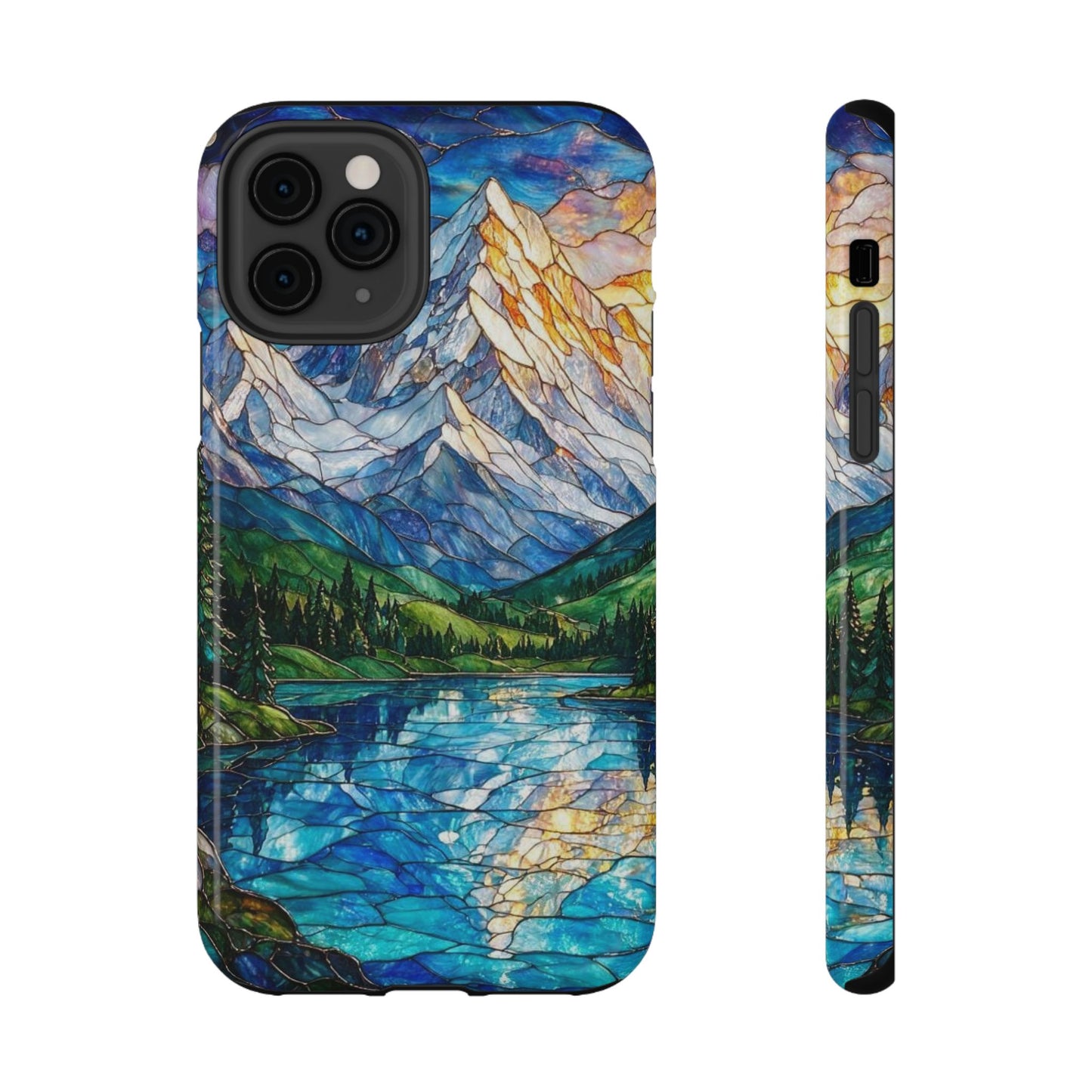 Stained Glass Mountain Lake Mosaic Phone Case — Impact-Resistant Artistic Protection