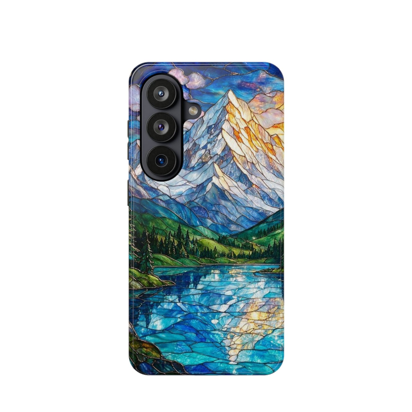 Stained Glass Mountain Lake Mosaic Phone Case — Impact-Resistant Artistic Protection