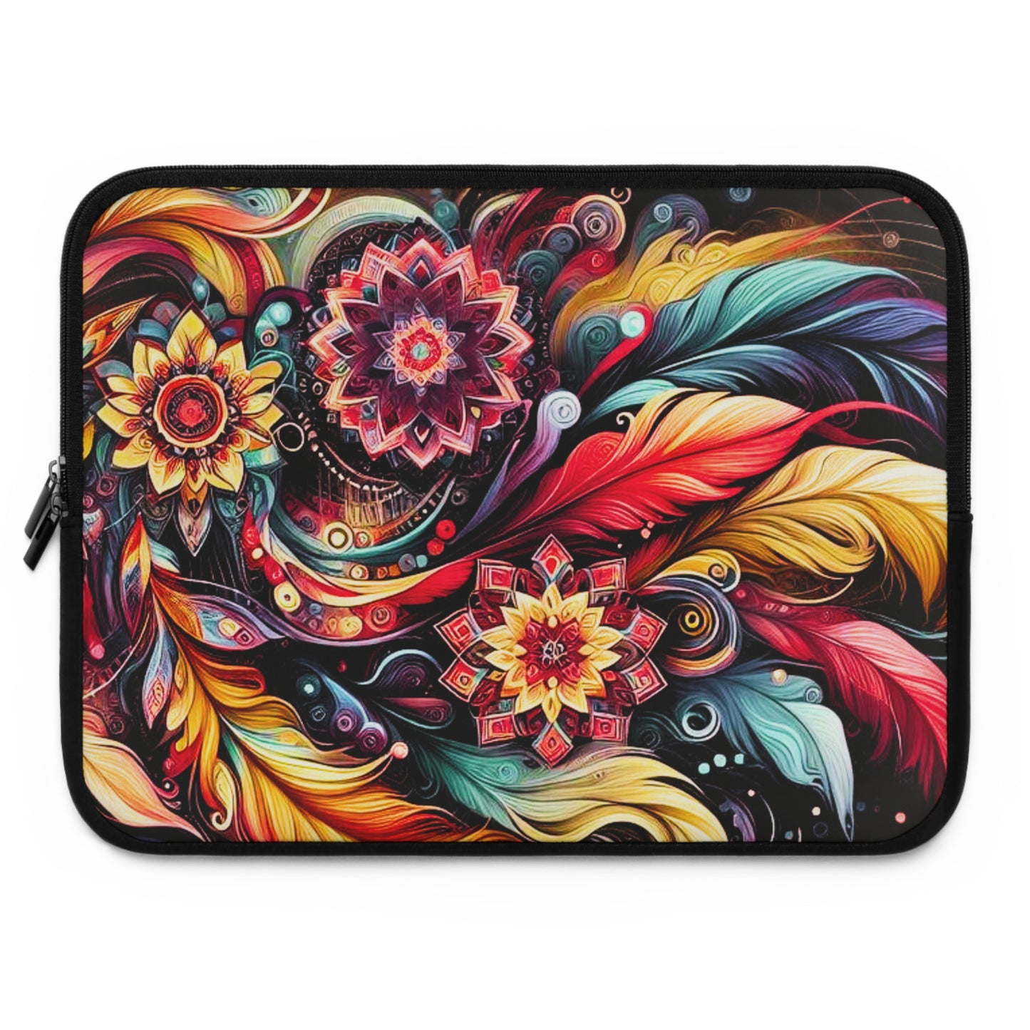 Colorful Floral Mandala Laptop Sleeve — Vibrant Boho Feather Design
