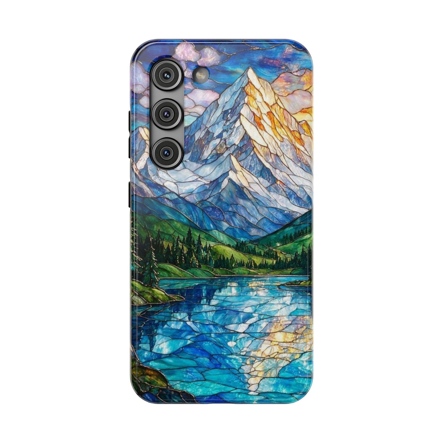 Stained Glass Mountain Lake Mosaic Phone Case — Impact-Resistant Artistic Protection