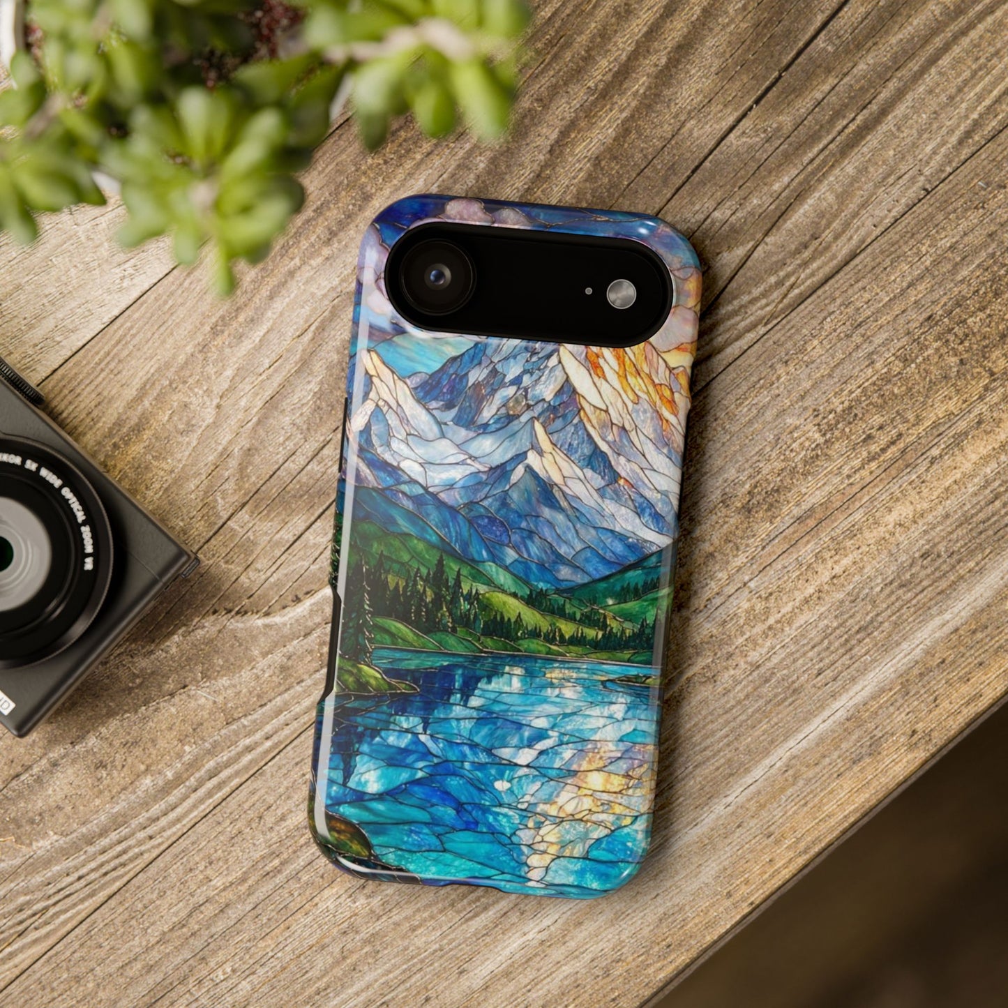 Stained Glass Mountain Lake Mosaic Phone Case — Impact-Resistant Artistic Protection