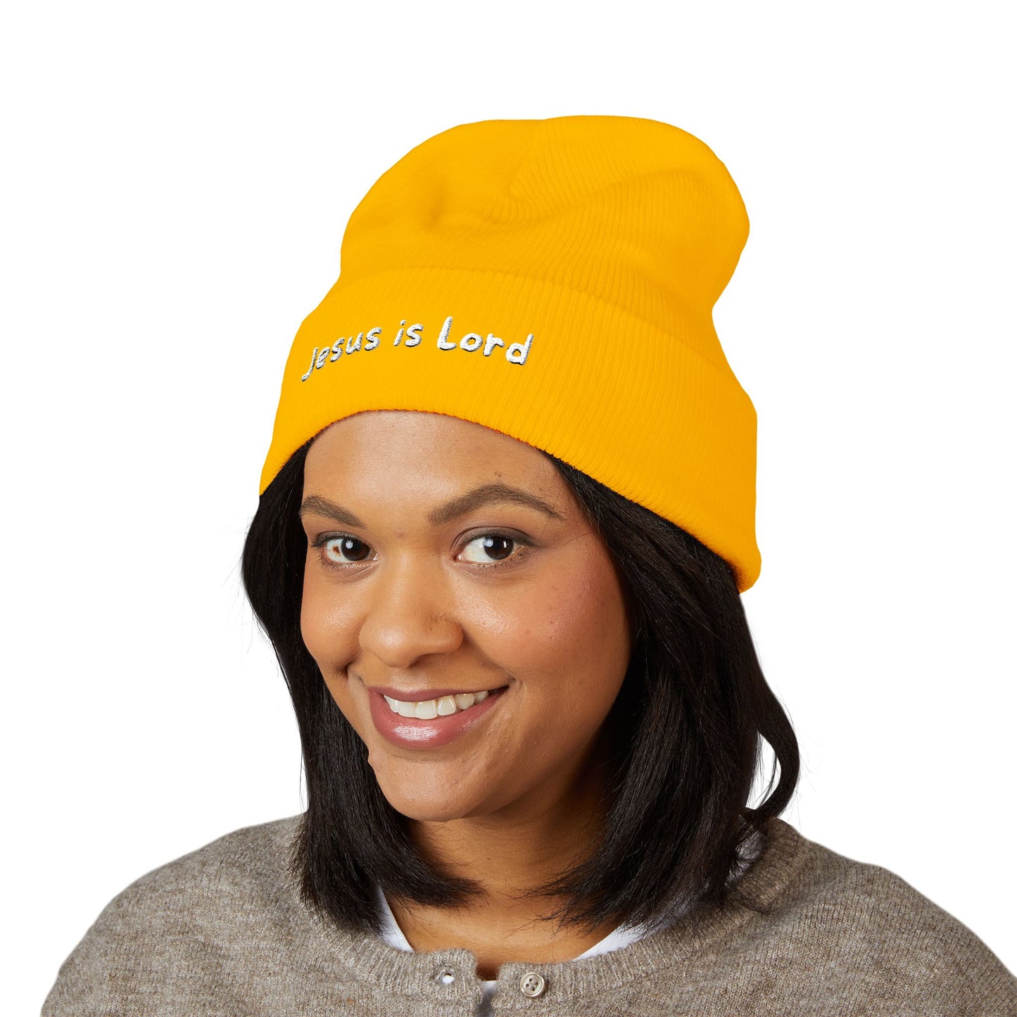 Embroidered 'Jesus is Lord' Cuffed Beanie — Christian Faith Knit Hat