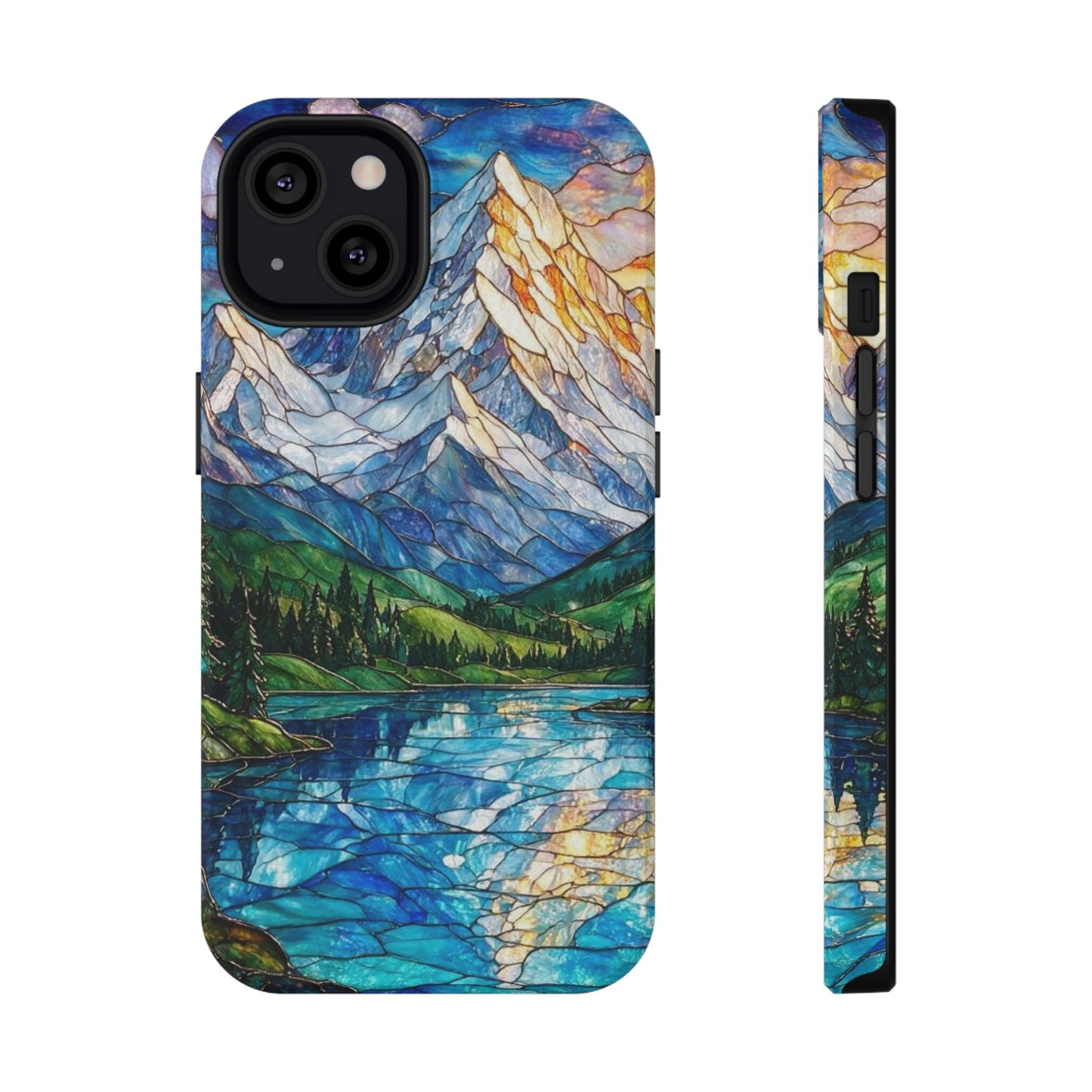 Stained Glass Mountain Lake Mosaic Phone Case — Impact-Resistant Artistic Protection