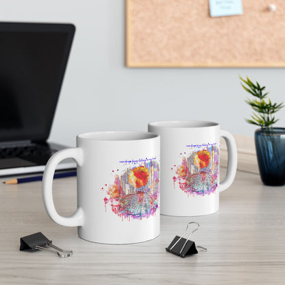 Watercolor Raindrops Keep Falling On My Head Ceramic Mug — Colorful Coffee Cup (11oz & 15oz)