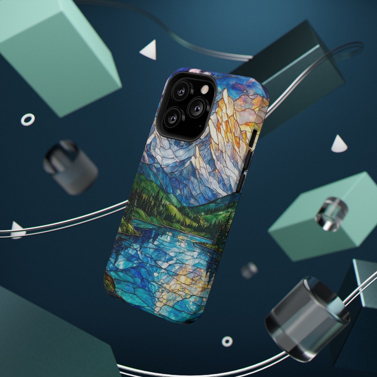 Stained Glass Mountain Lake Mosaic Phone Case — Impact-Resistant Artistic Protection
