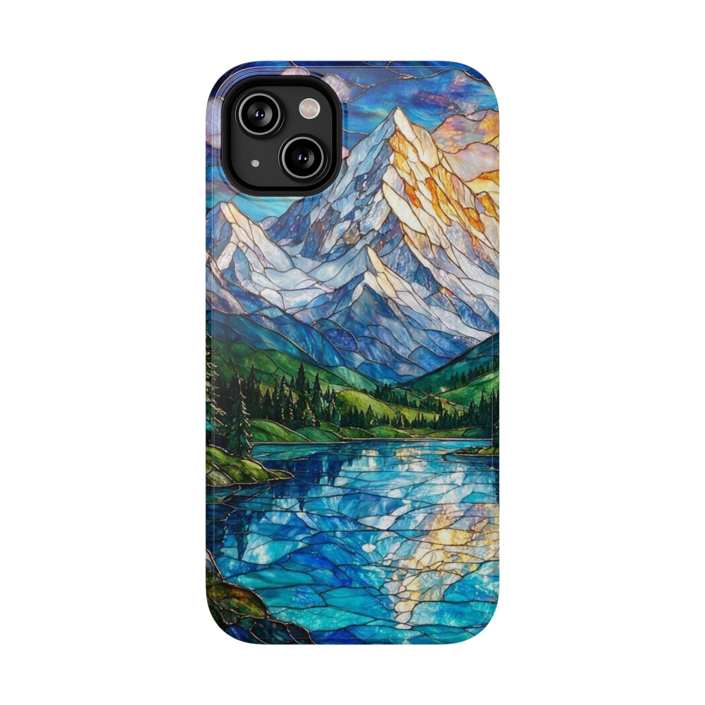 Stained Glass Mountain Lake Mosaic Phone Case — Impact-Resistant Artistic Protection