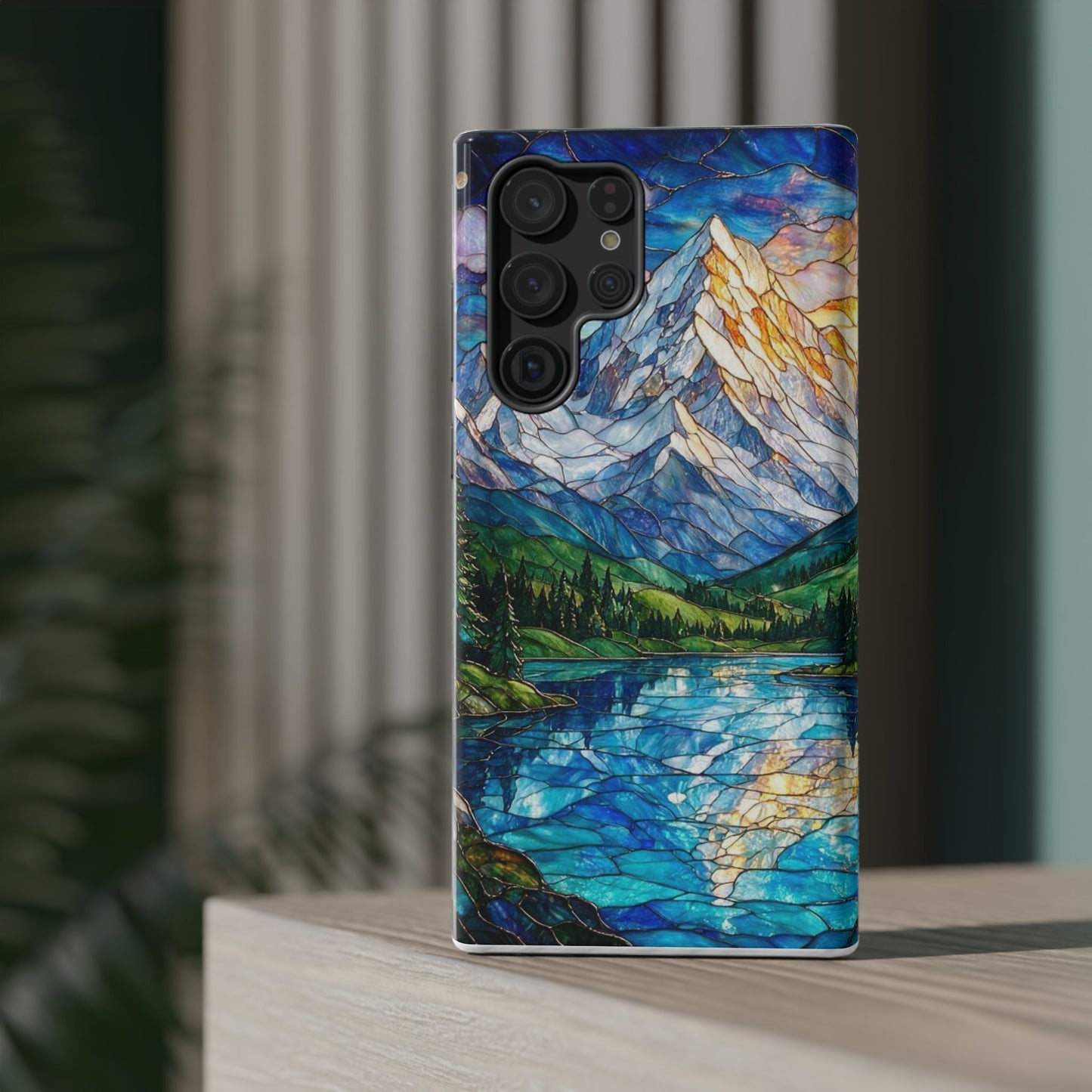 Stained Glass Mountain Lake Mosaic Phone Case — Impact-Resistant Artistic Protection