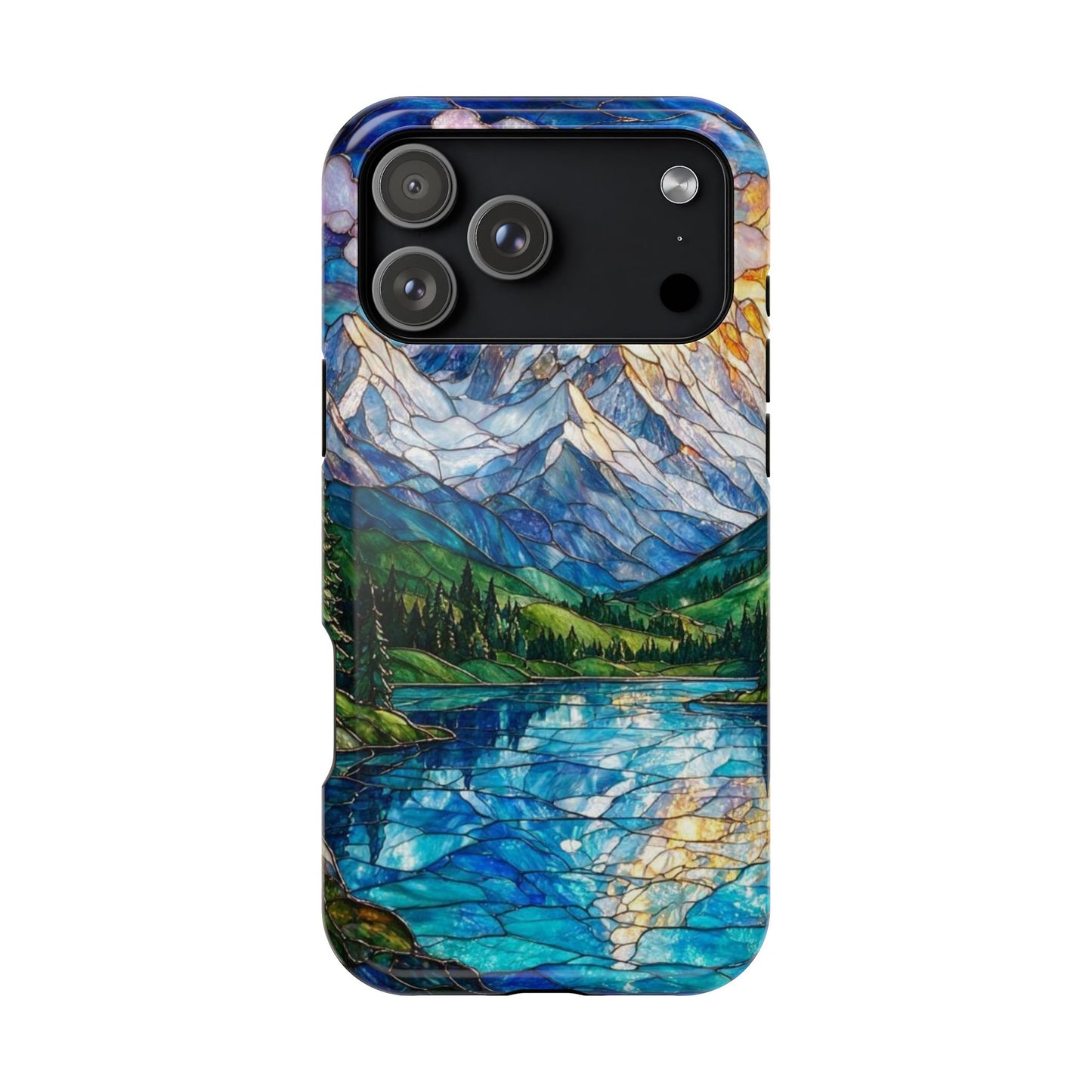 Stained Glass Mountain Lake Mosaic Phone Case — Impact-Resistant Artistic Protection