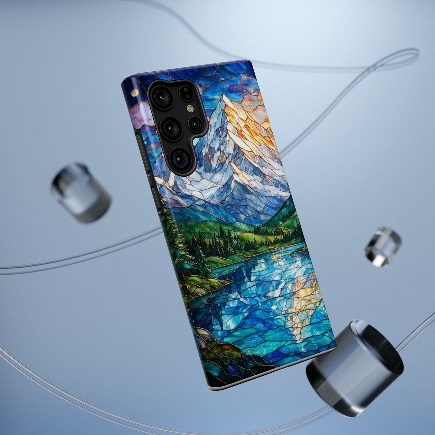 Stained Glass Mountain Lake Mosaic Phone Case — Impact-Resistant Artistic Protection