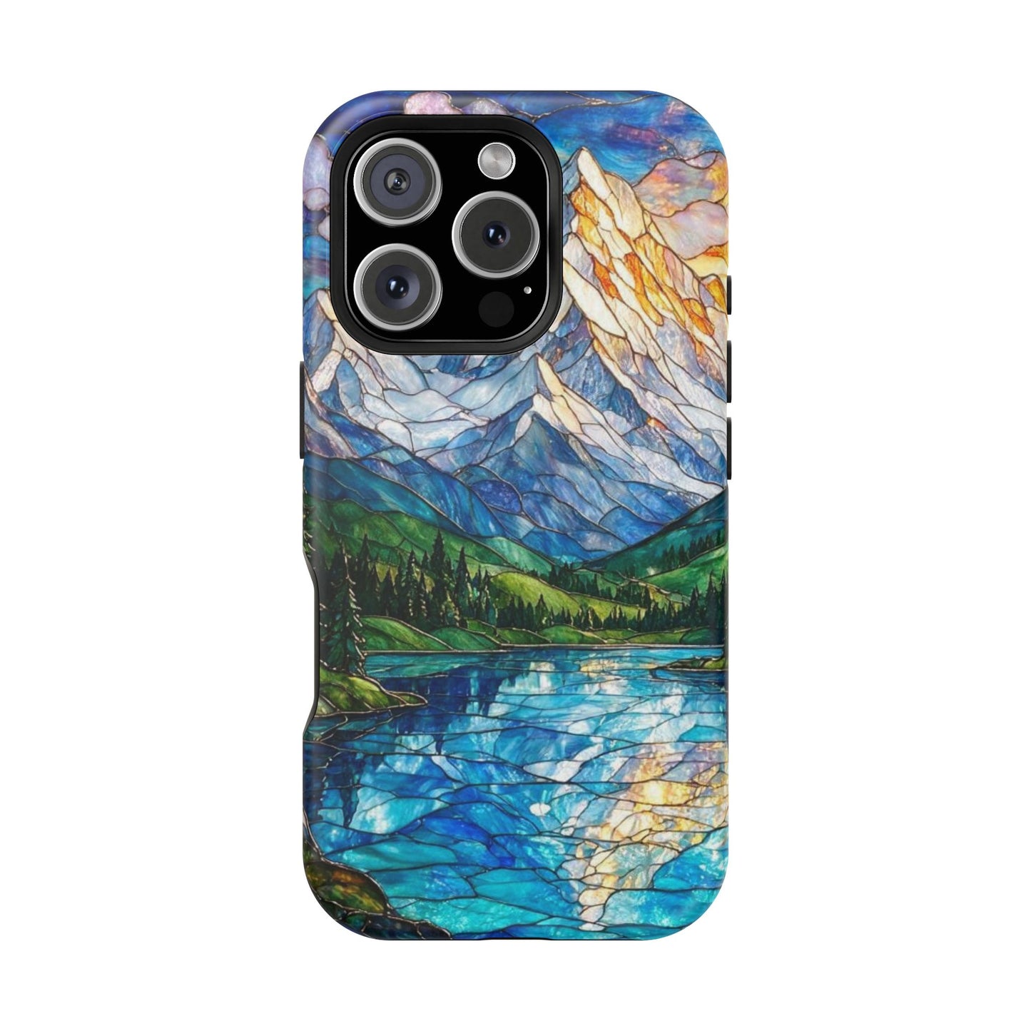 Stained Glass Mountain Lake Mosaic Phone Case — Impact-Resistant Artistic Protection